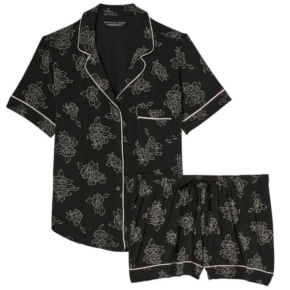 VICTORIA'S SECRET L Modal Short Pajama Set Black White Floral So Comfy! NWT - Picture 5 of 6